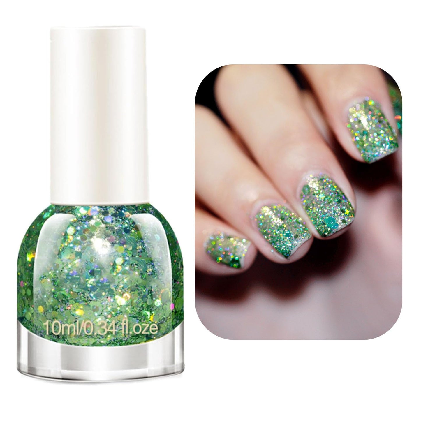 NovaCharm Green Glitter Nail Polish -10ML Holographic Nail Varnish - Rainbow Nail Gel Glitter - Iridescent Sparkle Nail Paint Gel - Quick Dry Nail Lacquer Shimmer Effect DIY Nail Art