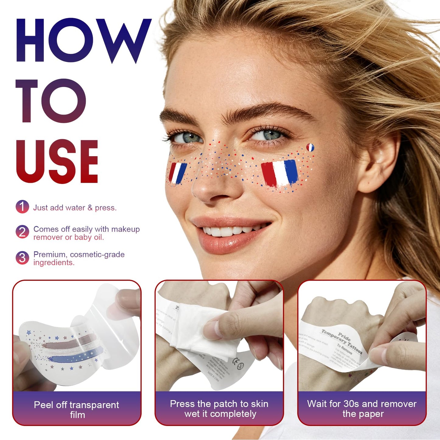 VXZ Blue White Red Soccer Fan Freckles Face Tattoo - Tricolor Vertical Flag Temporary Tattoos | Waterproof Sports Sparkle Stickers for Football Matches & Game Day Celebrations (8 Sheets)