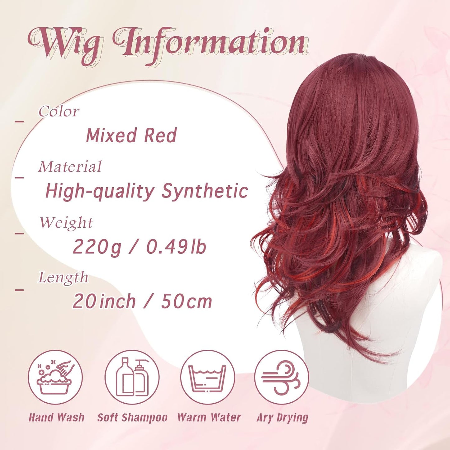 Red Layered Wig with Curtain Bangs - Long Wavy Synthetic Hair, 20 Inch Natural Look for Women | Perfect for Daily Wear & Parties