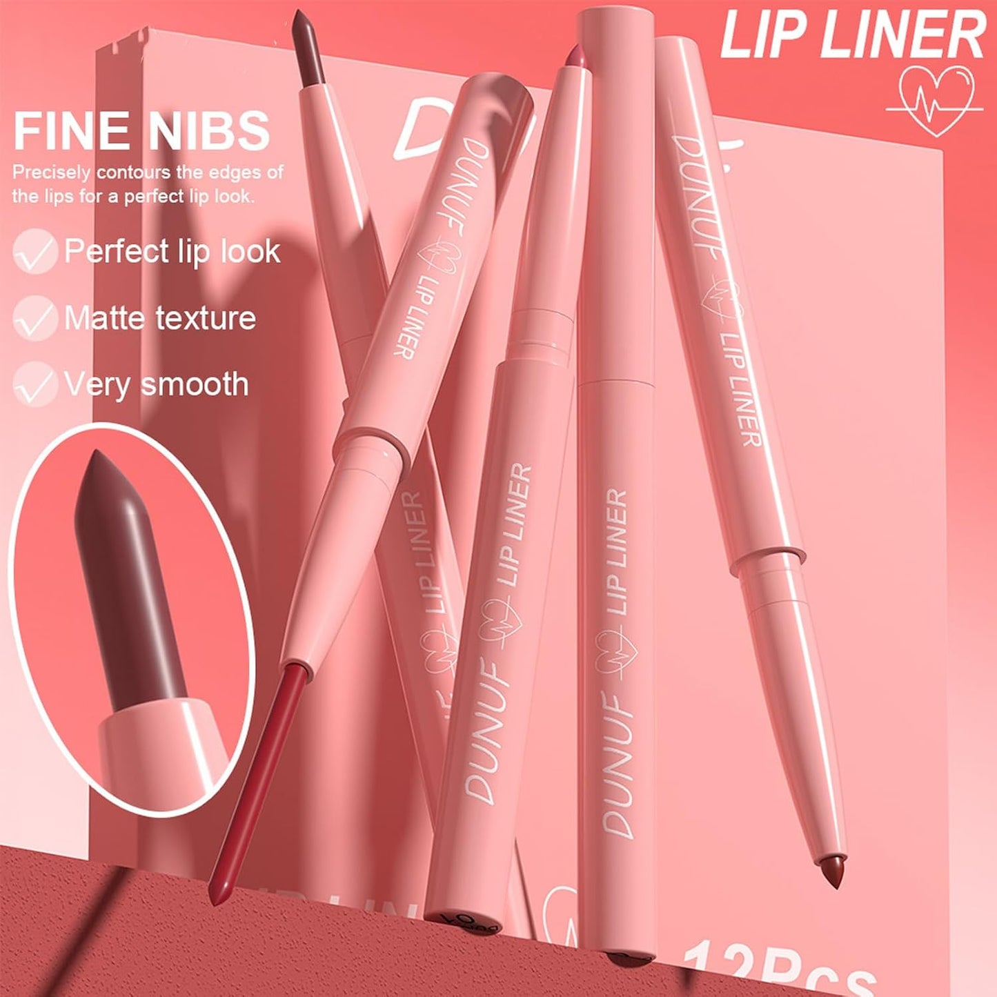 Matte Lip Liner Set - 12 High Pigmented Waterproof Shades | Smooth Ultra Fine Pens for Daily Makeup