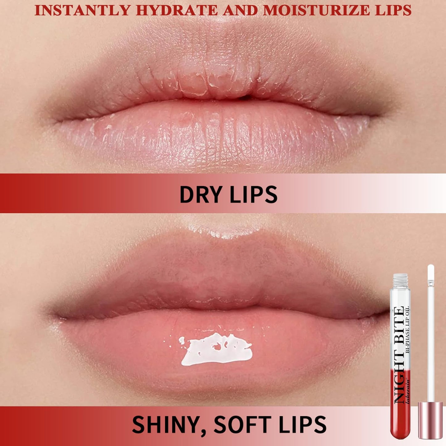 Dual-Phase lip oil, Moisturizing Nourishing Shiny Red and Transparent layer lip gloss, Natural and Fresh Bitten Lip Makeup