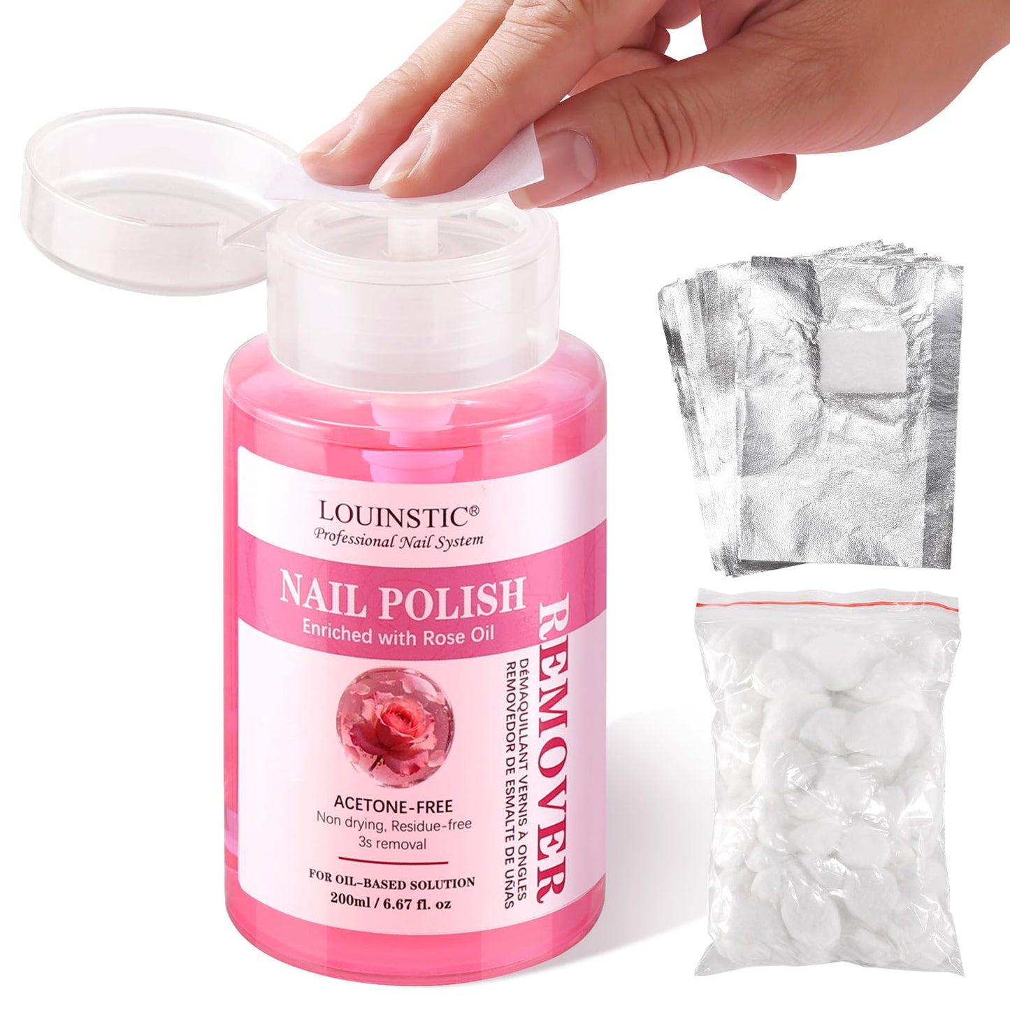 LOUINSTIC Nail Polish Remover – Press Pump, Rose Oil Formula, 6.8 Fl Oz