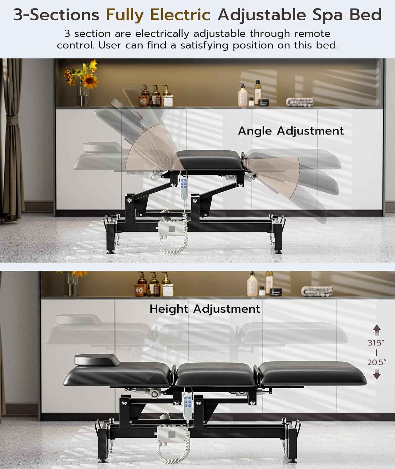 Electric Massage Table Bed - 3-Section Adjustable Therapy Table with Wheels & Stool | Black