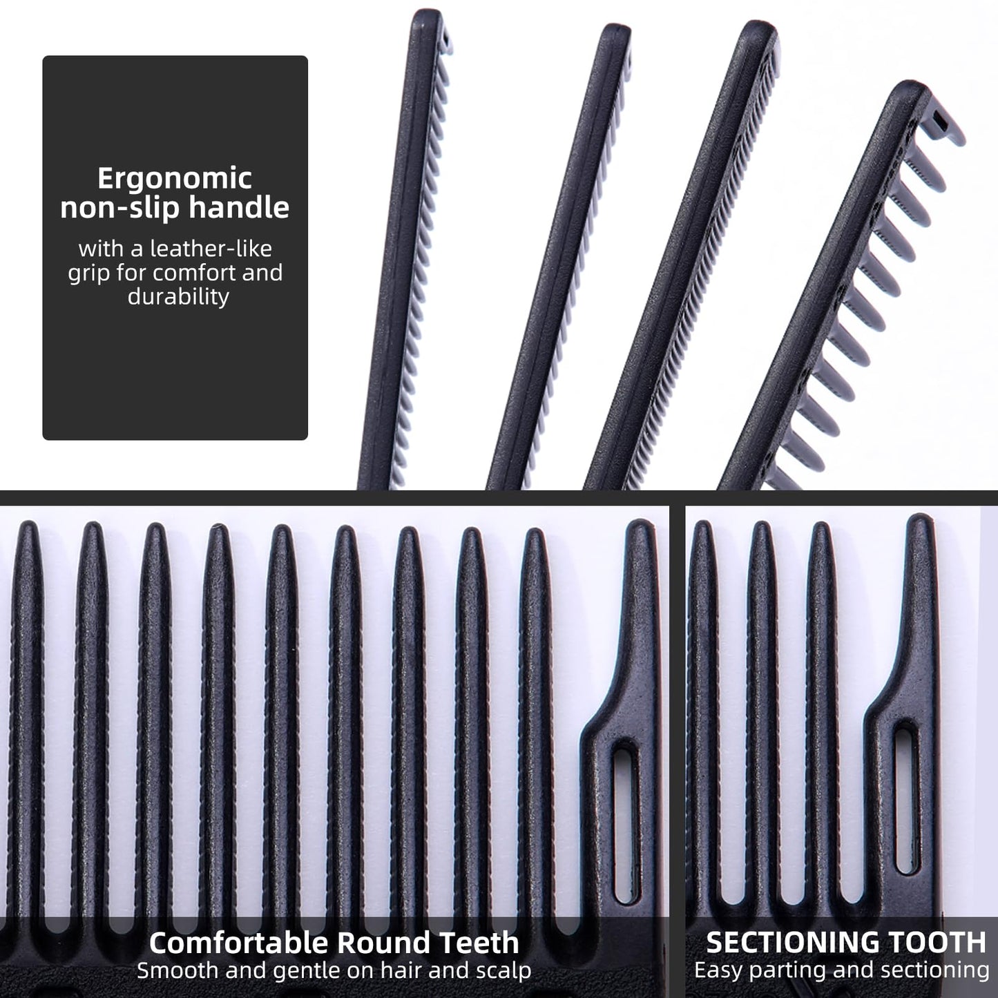 PERFEHAIR 2-Pack Professional Round Tooth Hair Cutting Comb, Black Carbon Fiber Anti-Static & Heat Resistant, Durable Barber Combs with Fine & Wide Tooth for Precise Haircut for Men & Women