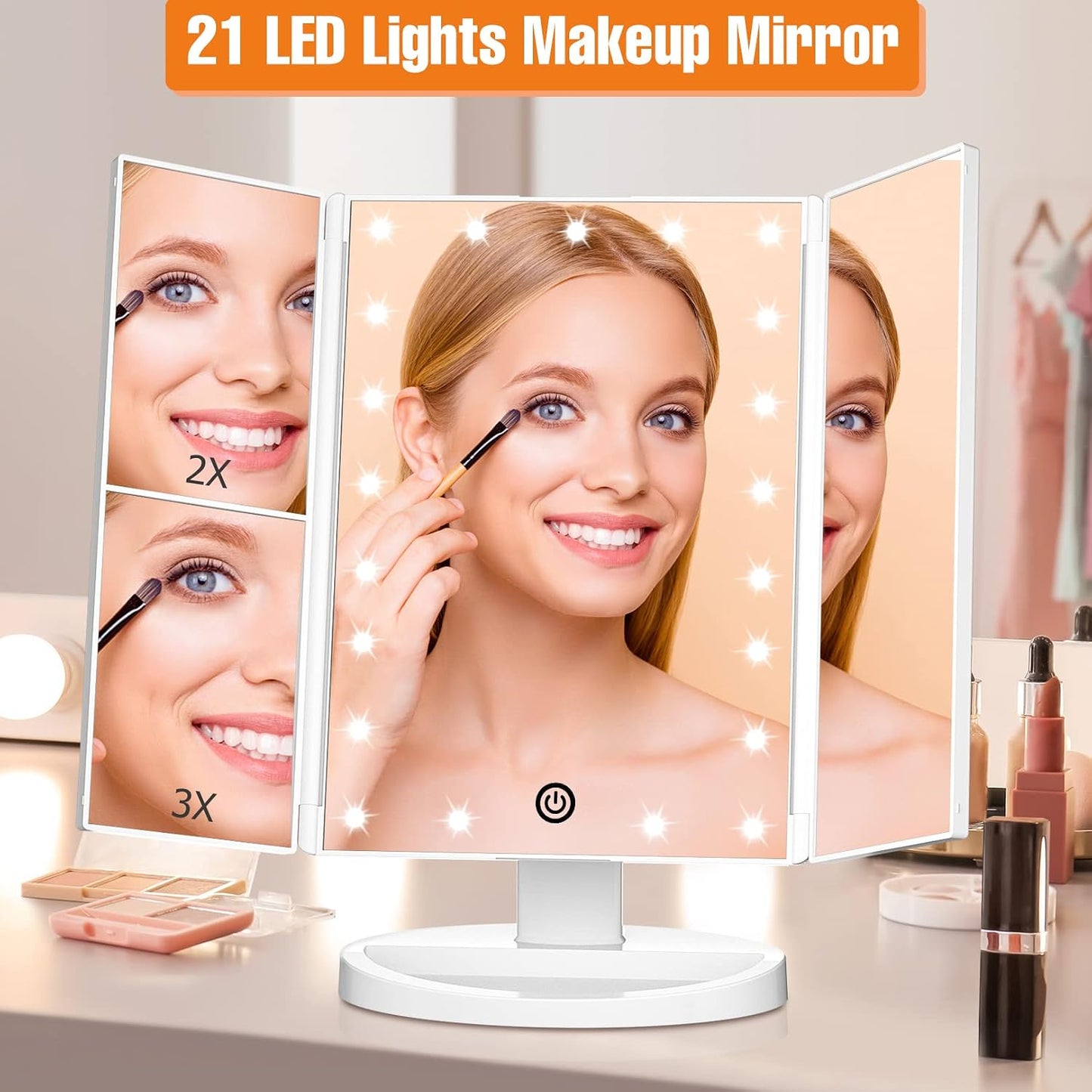Trifold Vanity Mirror with Lights - Lighted Makeup Mirror 2X/3X Magnification | 21 LED Touch Dimming, 180° Rotation
