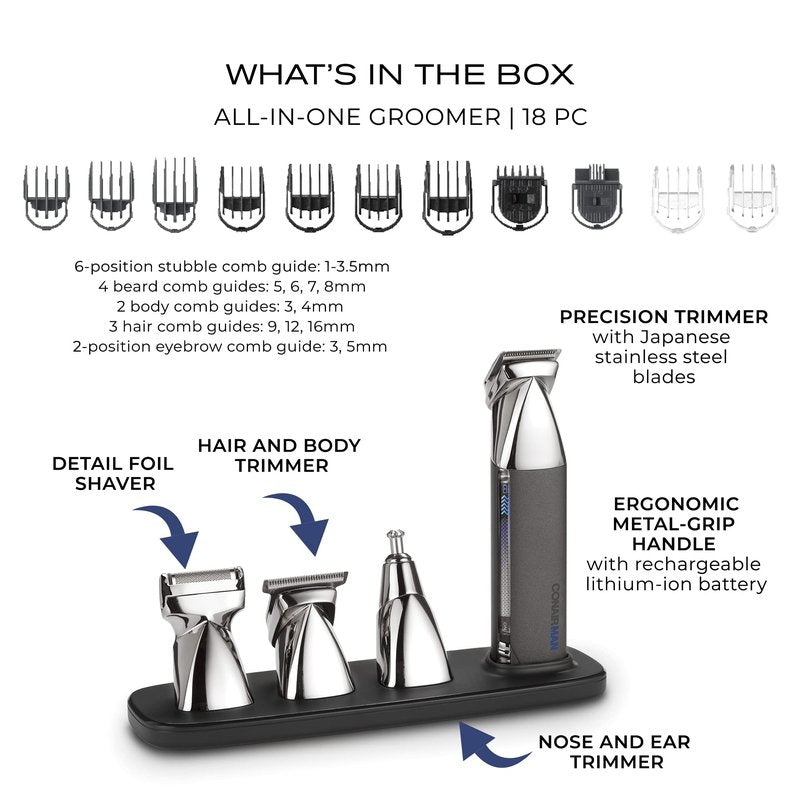 ConairMAN Ultimate Trim Precision All-in-One Beard Trimmer for Men, for Body, Face, Ear and Nose Hair Trimmer, 18 piece Men's Grooming Kit, Cordless/Rechargeable