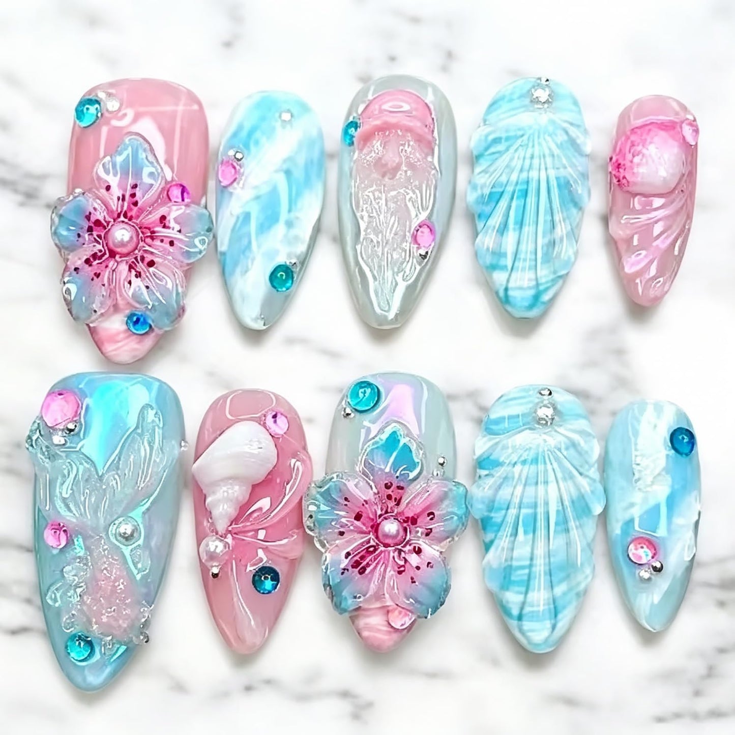30Pcs 4th of July Press-On Nails - Medium Almond Patriotic Acrylic Nails | Red, Blue & White Designs