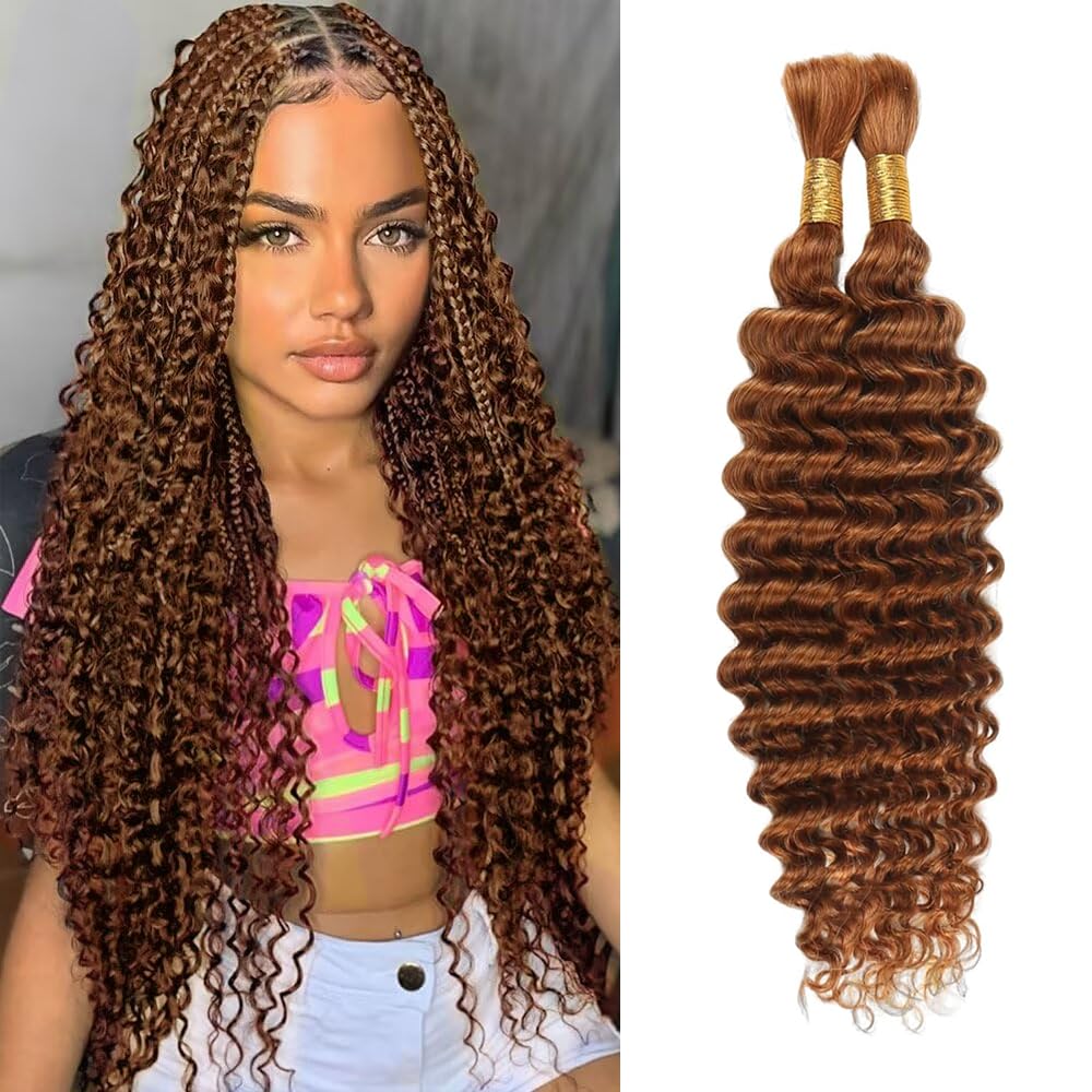 Human Braiding Hair 22 Inch 100g Brown Deep Wave Bulk Human Hair for Braiding No Weft Curly Bundles Hair Extensions for Boho Knotless Wet and Wavy Braids #30 Color