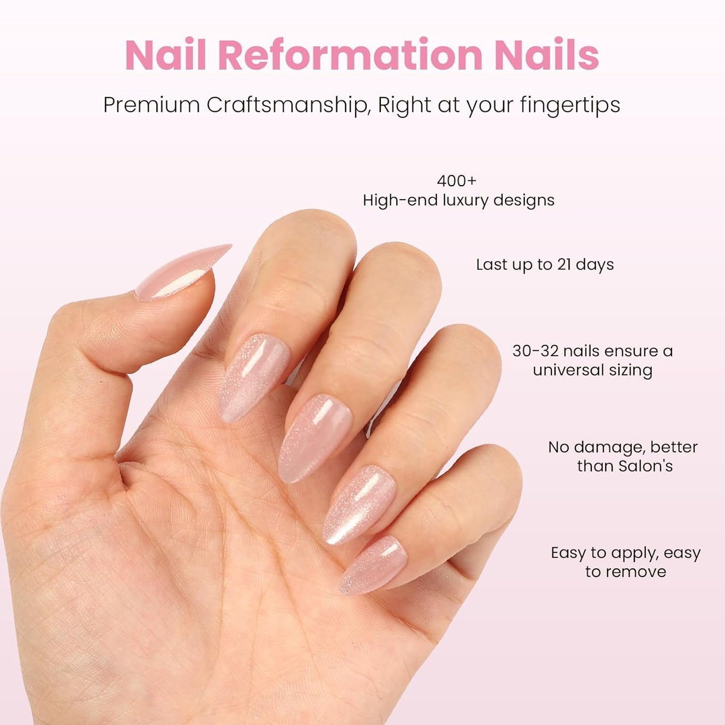 Press On Nails - Soft Pink Short Almond Velvet Cat Eye | Reusable Salon Quality 32 Nail Kit with Glue, 16 Sizes