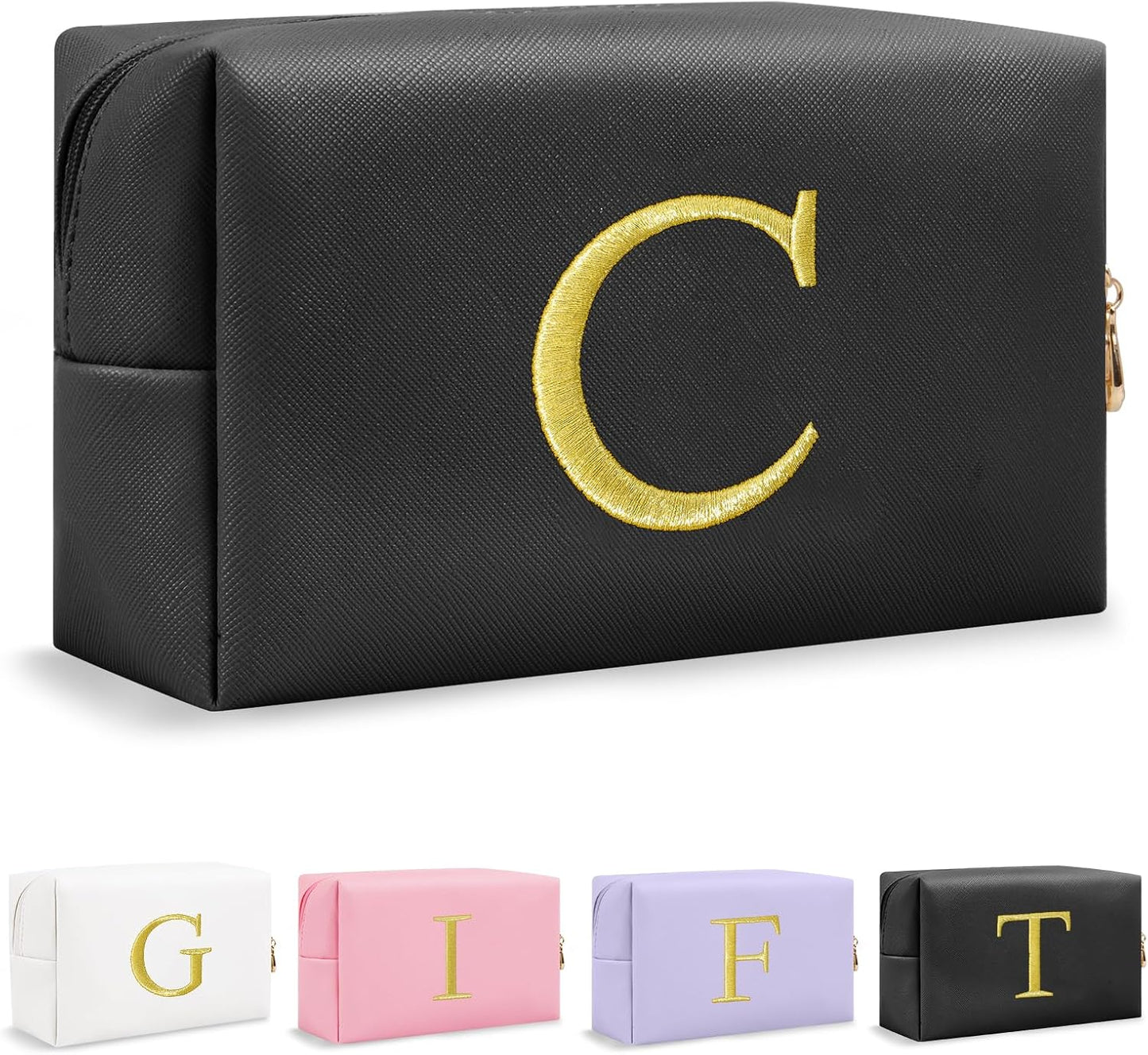 Personalized Initial Makeup Bag - Gold Embroidered Cosmetic Bag for Teens | Custom Travel Toiletry Bag (Black)