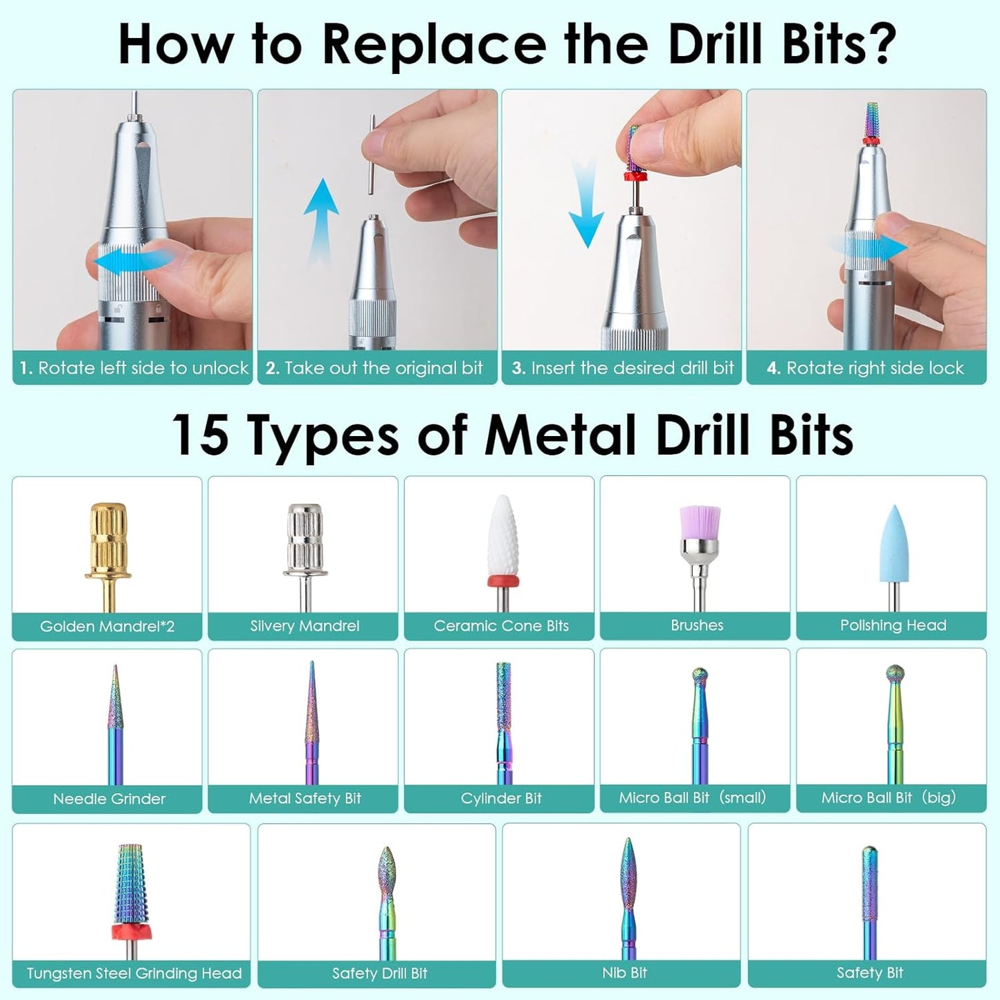 Electric Nail Drill - 40000RPM Professional E-Filer with 15 Bits | Portable Acrylic Nail File for Salon & Home Use (Blue)