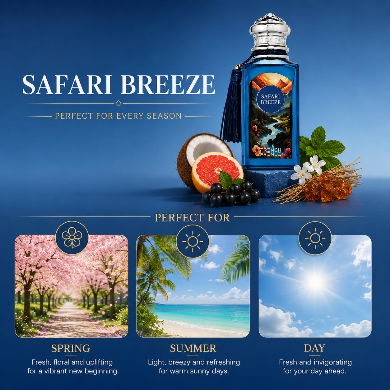 French Avenue Safari Breeze Eau de Parfum - Floral Fruity Fragrance | 100ml Spring/Summer Scent with Blackcurrant, Coconut & Grapefruit