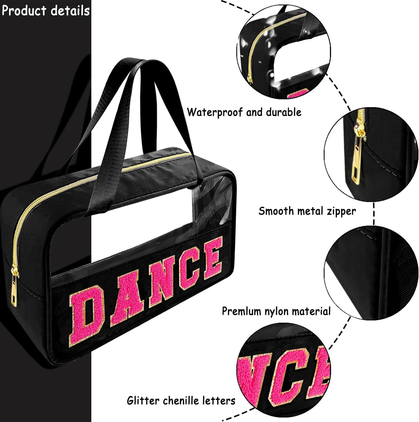 Chenille Letter Clear Makeup Bag - Waterproof Travel Toiletry Bag with Handle | Preppy Dance Patch Design (Black)