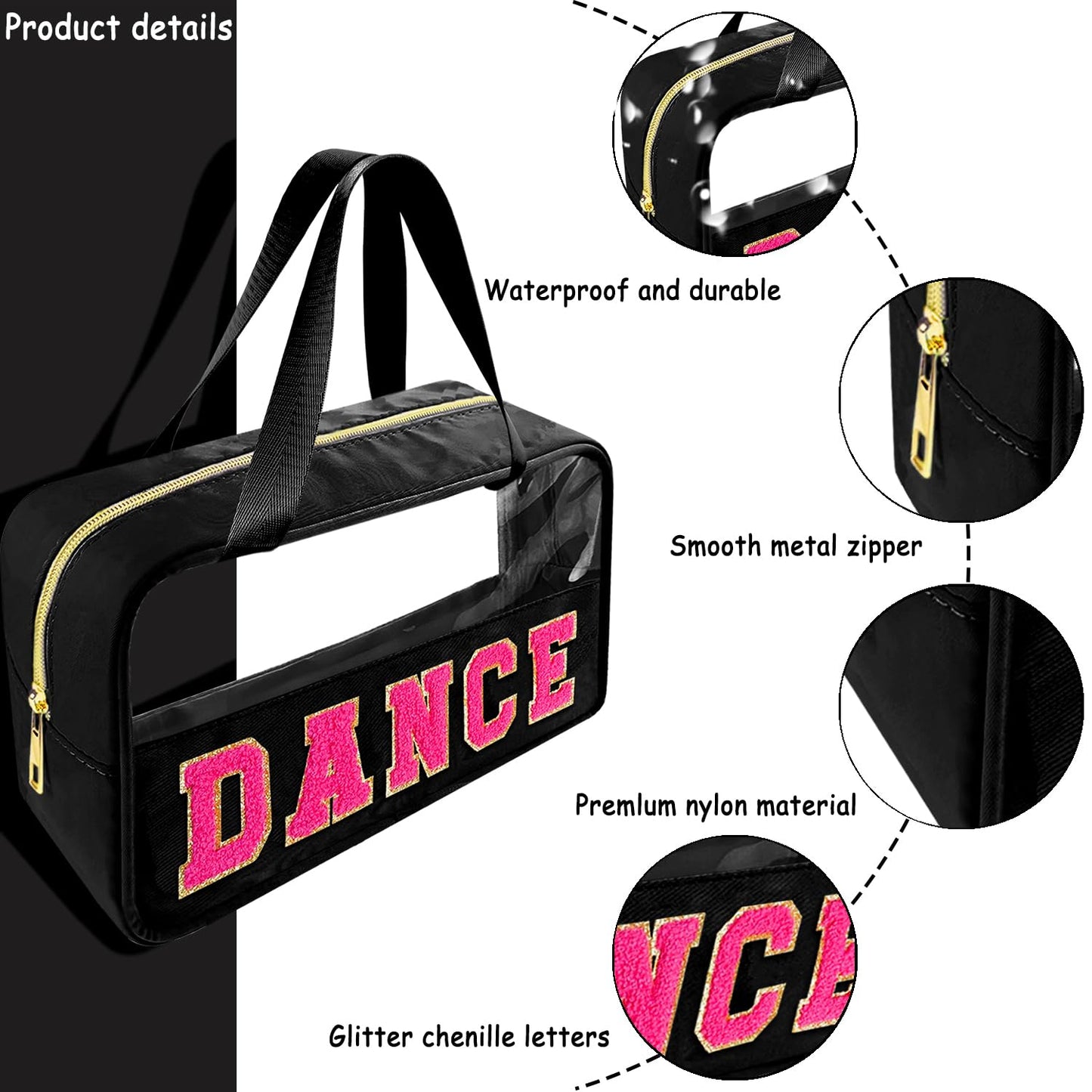 Bunliuys Chenille Letter Clear Makeup Bag Dance Patch, Travel Toiletry Makeup Bag with Handle, Nylon Waterproof Makeup Bags clear cosmetic bag, preppy patch makeup bag for Women (DANCE-Black)
