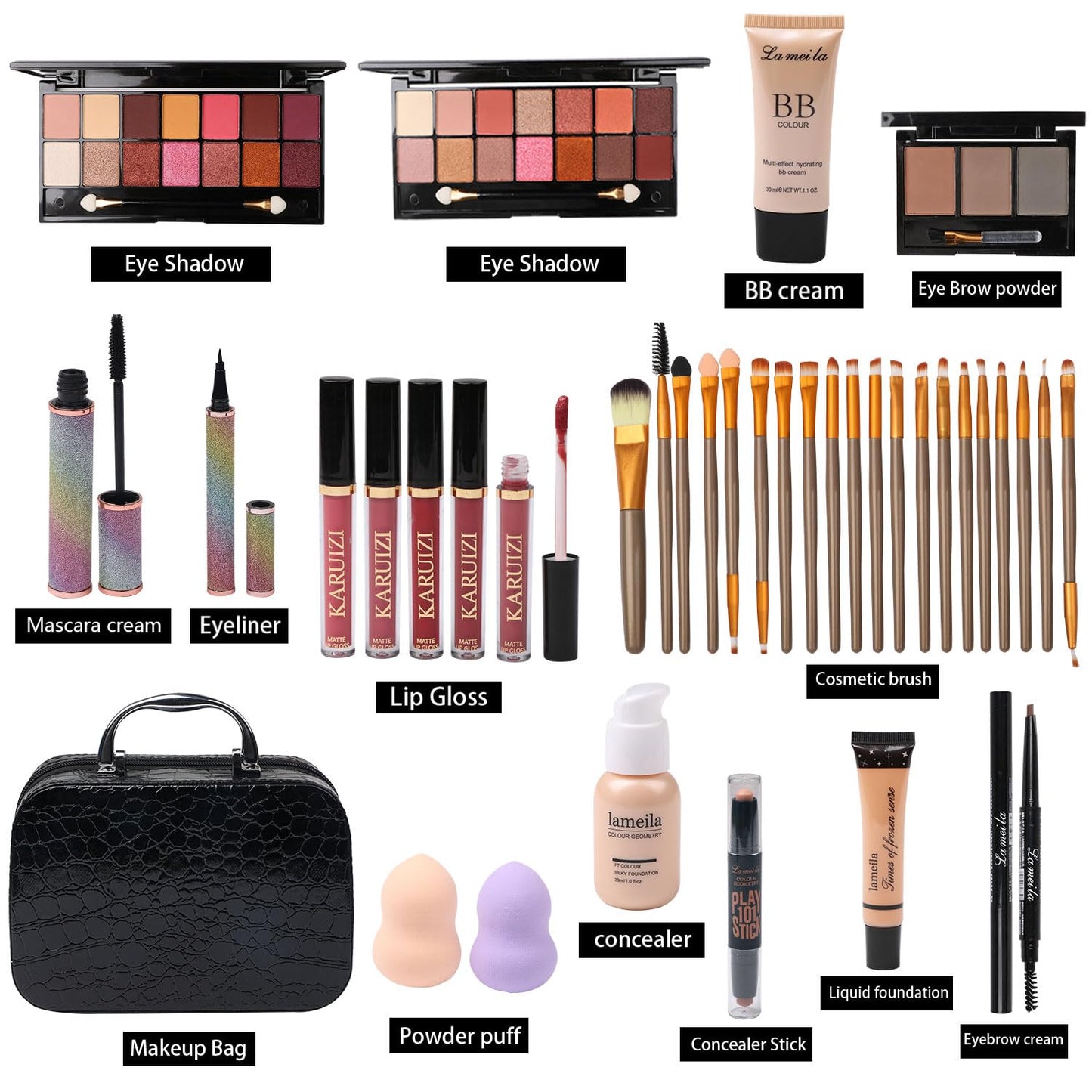 All-in-One Makeup Kit - Multipurpose Essential Set with Eyeshadow Palette, Lip Gloss, Foundation & Brushes | Complete Cosmetic Bag for Women