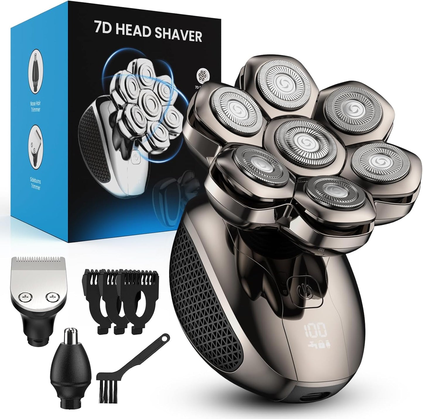 7D Floating Head Shaver for Bald Men - IPX7 Waterproof Electric Razor with Flexible Heads & LED Display