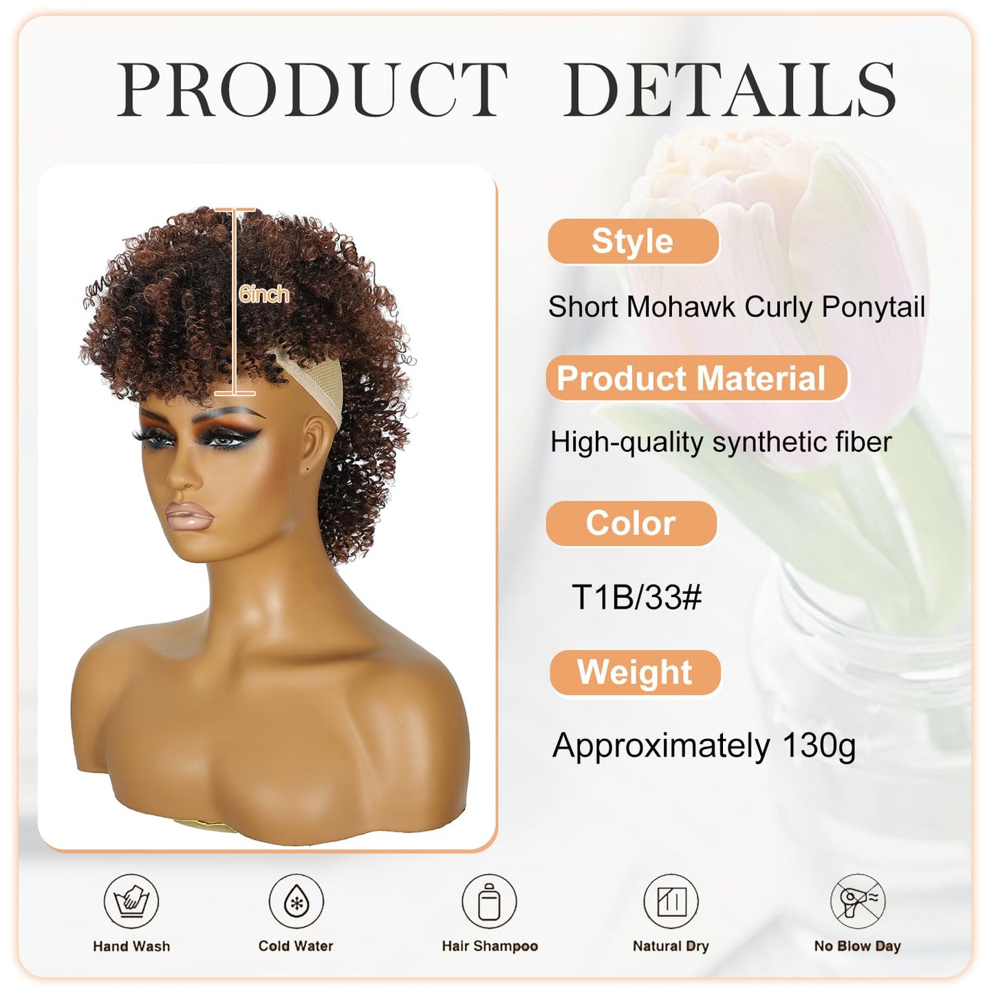 Kinky Curly Mohawk Wig - Blonde Ponytail Extension with Bangs | Short Synthetic Clip-In, Dark Brown Mix Black, Fluffy Hair for Daily & Party Use 1B/33