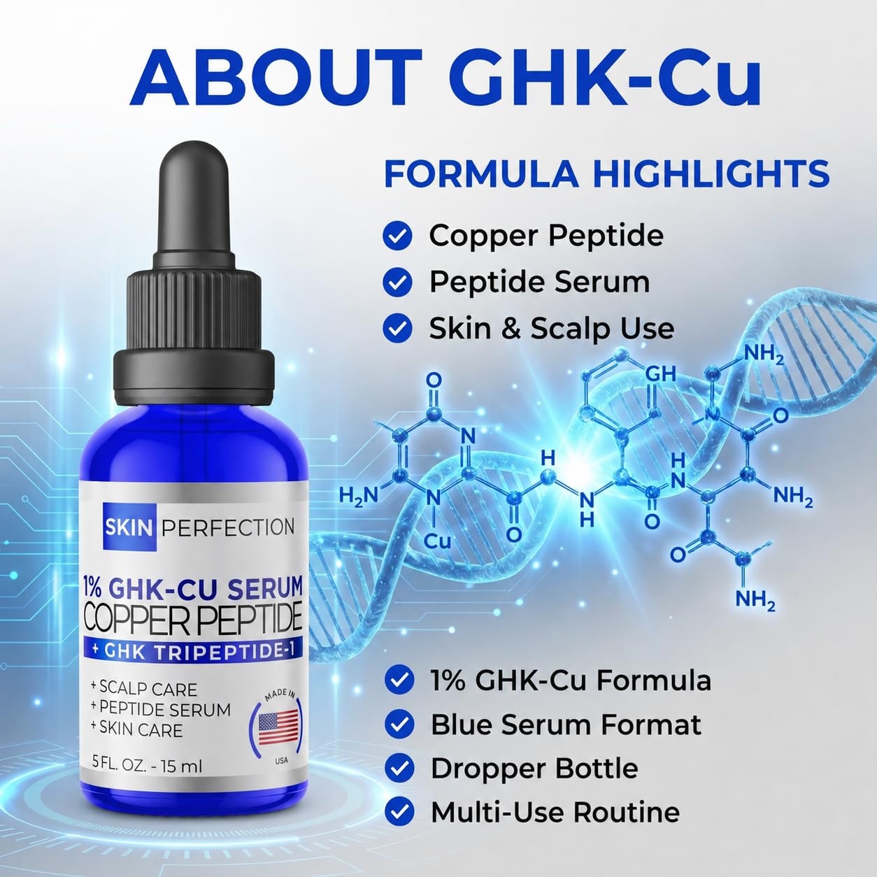1% GHK-Cu Copper Peptide Serum - Vegan Face & Neck Treatment | 0.5 fl oz