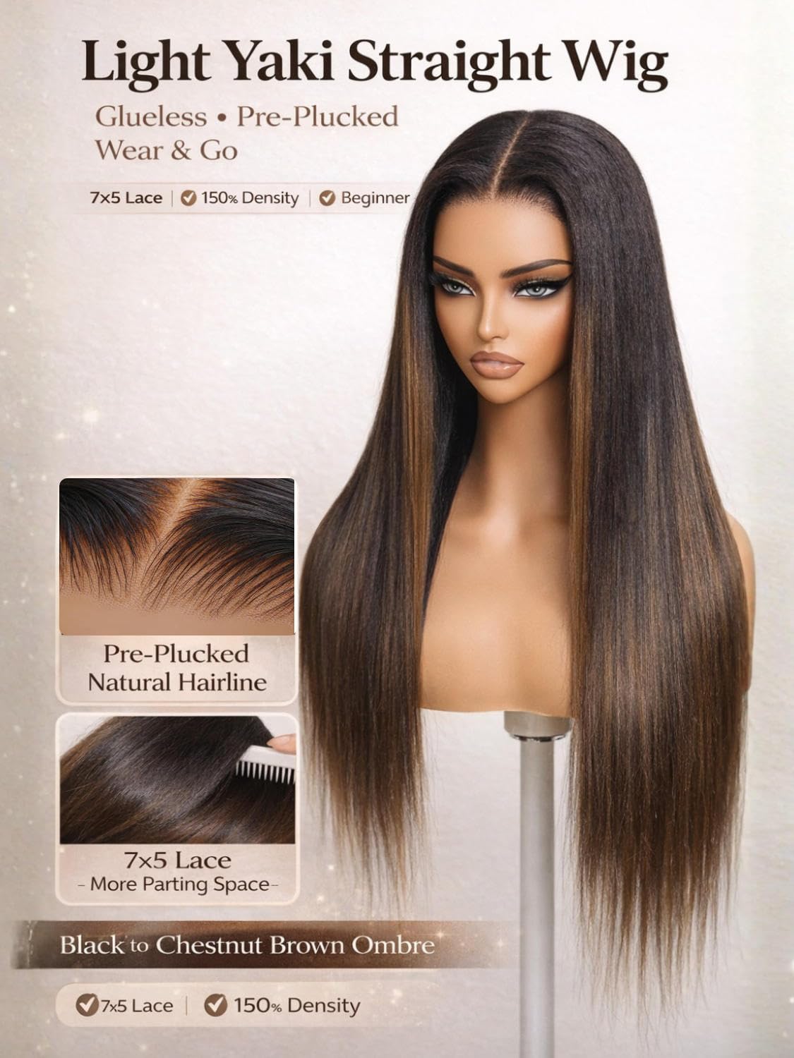 Beauty Forever Light Yaki Straight Glueless Wigs Human Hair Pre Plucked Pre Cut Black to Chestnut Brown 7x5 Bye Bye Knots Lace Front Wear and Go Drawstring Wig Beginner Friendly 150% Density 18inch