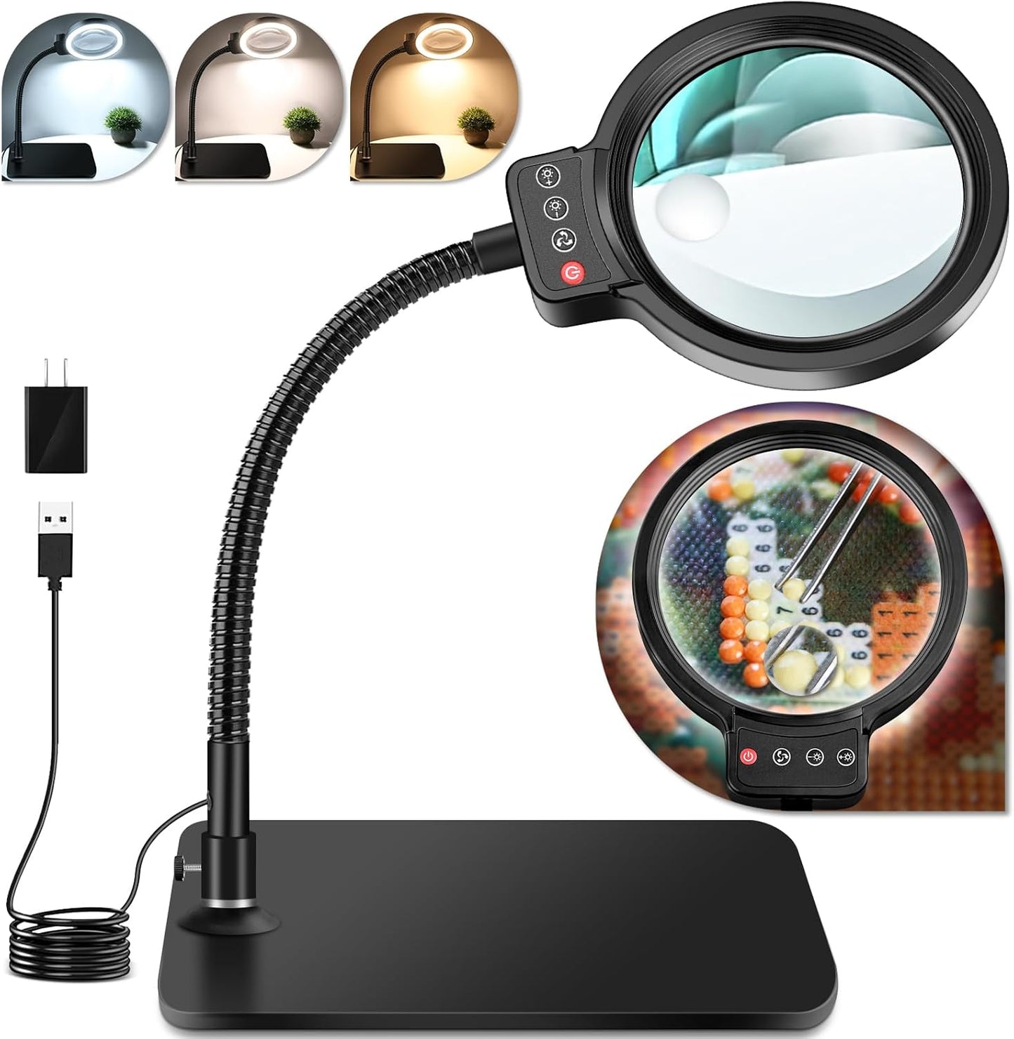 30X 10X Magnifying Glass with Light - 72 LED, Dimmable, Hands-Free Desk Lamp for Crafts | Square Design