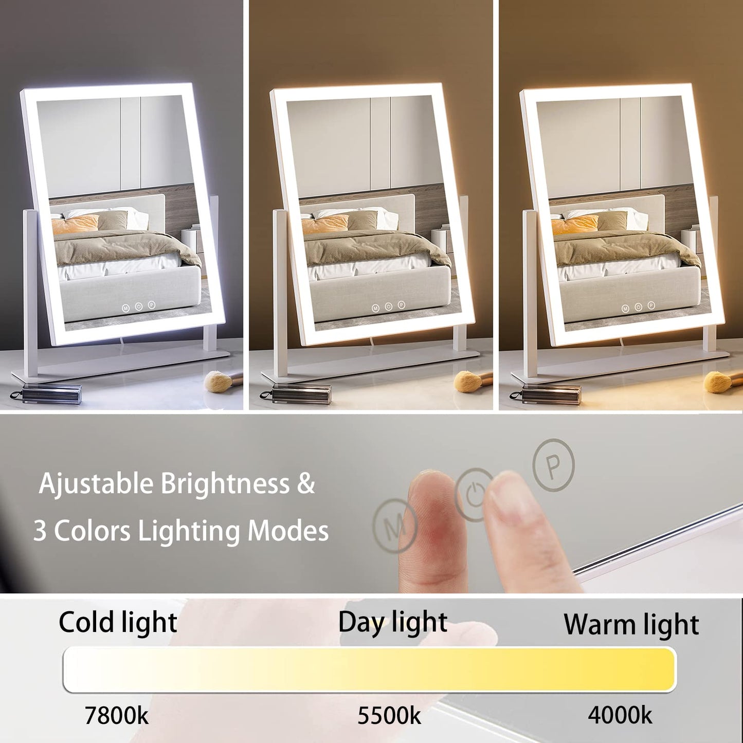 HIEEY Lighted Makeup Mirror, 17.3" x 13" Hollywood Vanity Mirror with Lights, Three Color Lighting Modes, and 5X Magnification Mirror, Smart Touch Control, 360°Rotation (White,Gift Box)