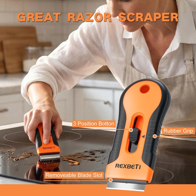 REXBETI Razor Blade Scraper Tool, 2 Pack Razor Scraper Set with Extra 80Pcs Razor Blades -30Pcs Metal and 50Pcs Plastic Blades, Cleaning Scraper Tool, Cooktop, Paint, Glass Scraper