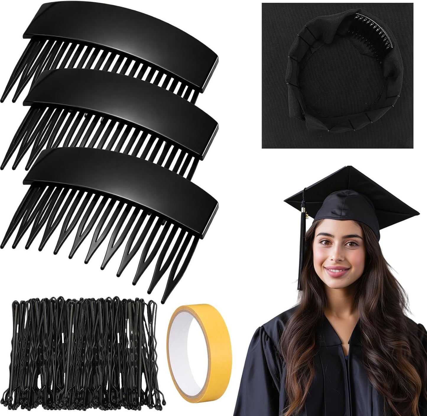 Graduation Cap Headband Insert Clips - 3 Pcs with 50 Safety Pins for Secure Hairstyle | Perfect for Graduation Party