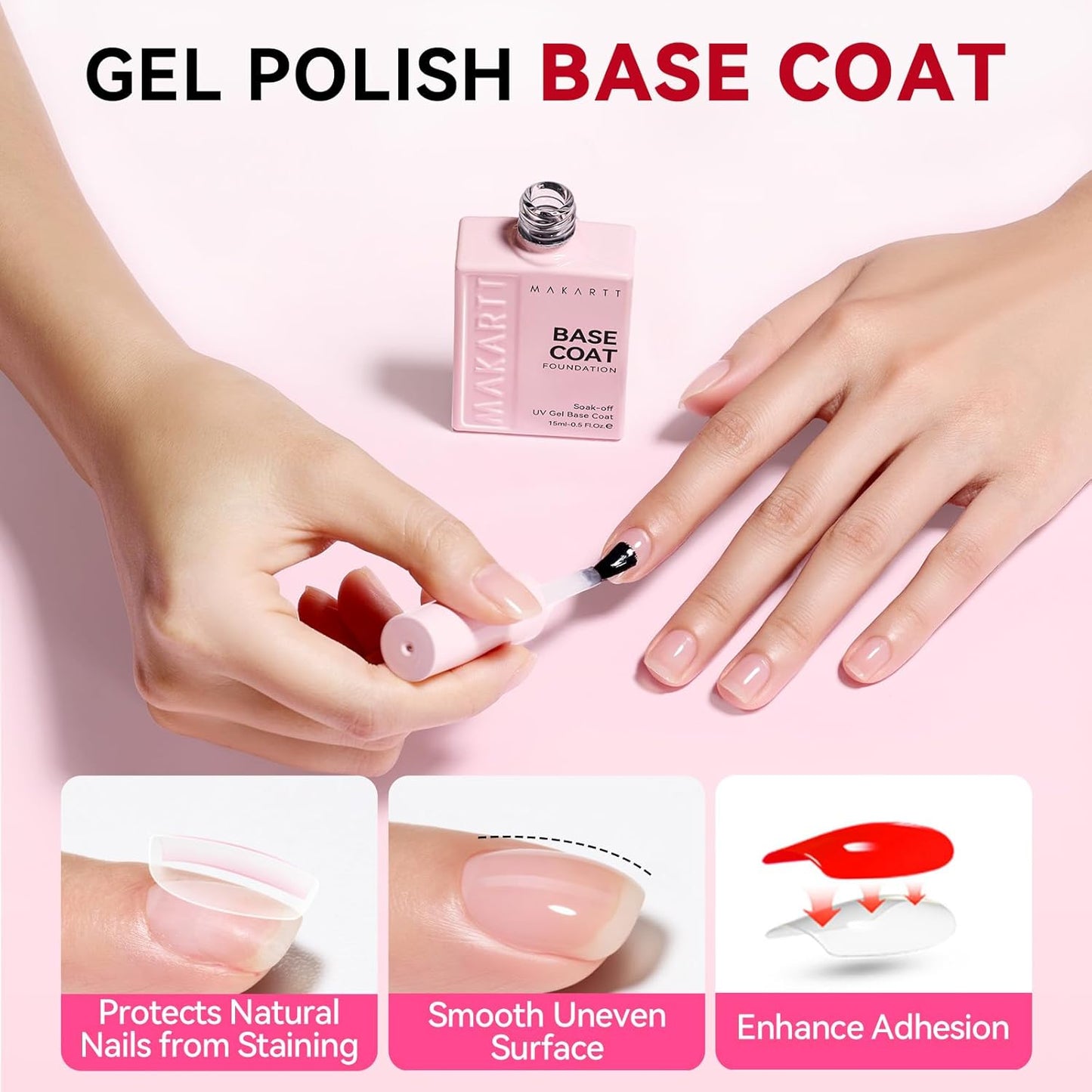 Makartt Gel Base Coat - Long-Lasting Clear Nail Polish | 15ml Upgraded Formula for Home DIY