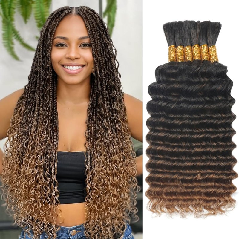 Human Braiding Hair - T30 Ombre Deep Wave Extensions | 18 Inch, 150g, 6 Bundles for Boho Braids