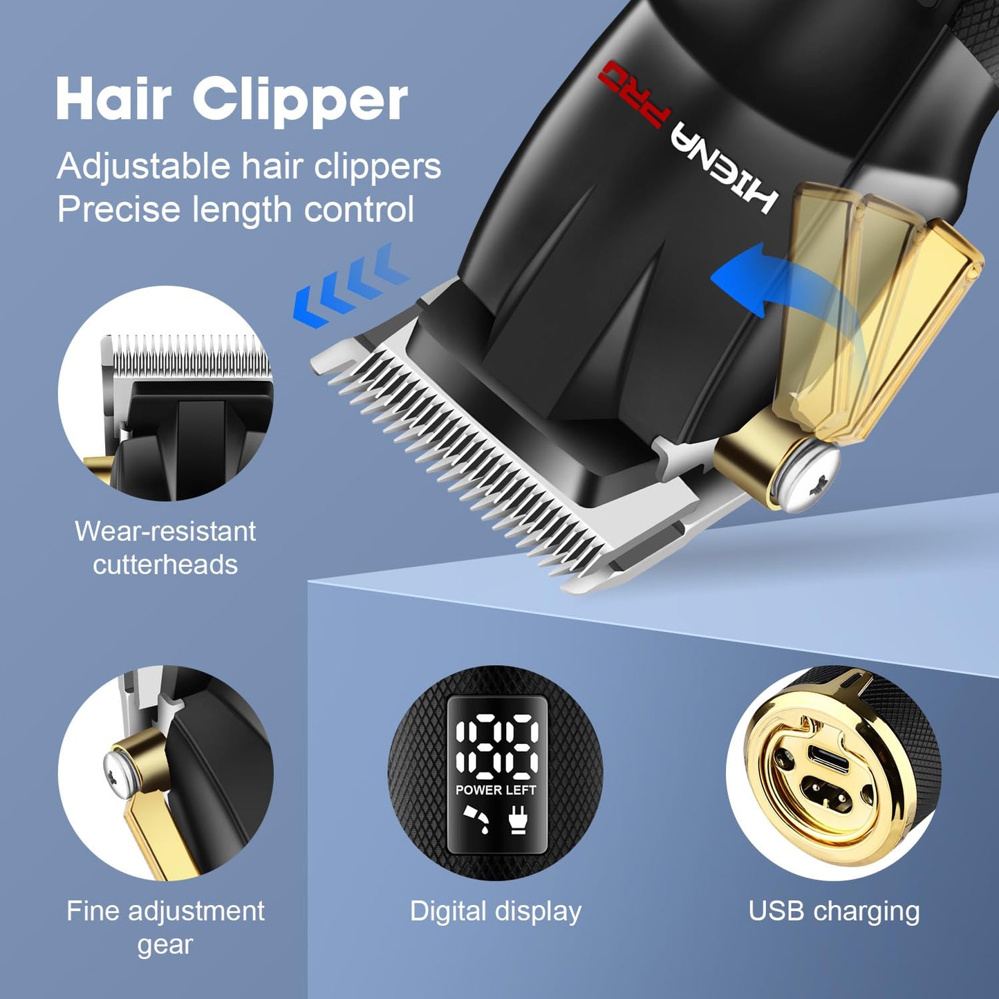 HIENA PRO Professional Barber Kit Hair Clippers Set for Men, Hair Cutting Set, Rechargeable Cordless Clippers and Trimmers Set, Hair Cutting Kit with LED Display, USB Charging, Gifts for Men