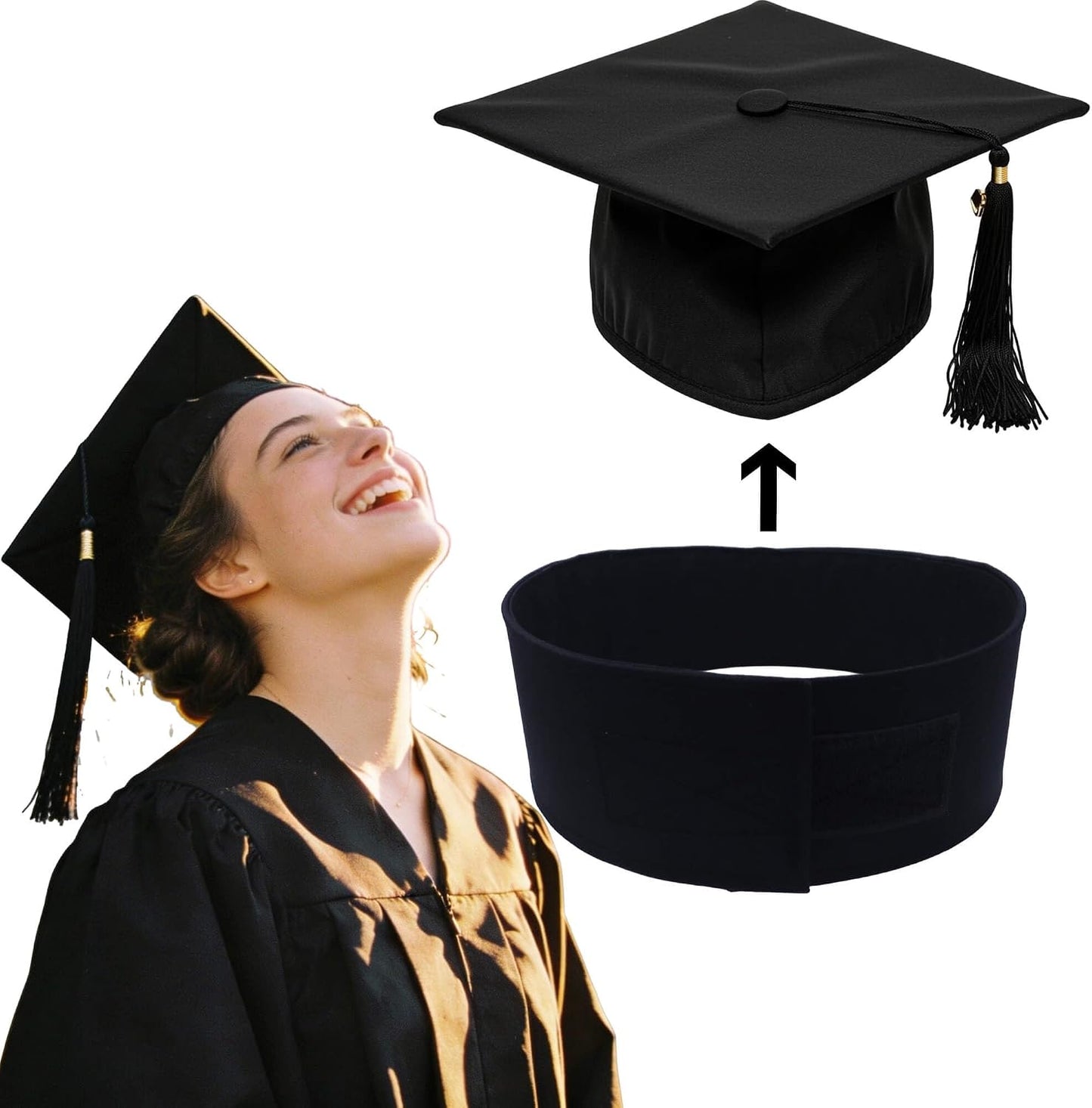 Adjustable Graduation Cap Headband - Invisible Anti-Fall Design | Fits All Head Sizes & Hairstyles - Black