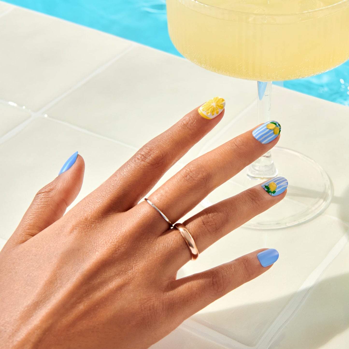 Kiss Impress No Glue Mani Press On Nails, Design, 'Cherie', Blue, Medium Size, Oval Shape, Includes 30 Nails, Prep Pad, Instructions Sheet, 1 Manicure Stick, 1 Mini File