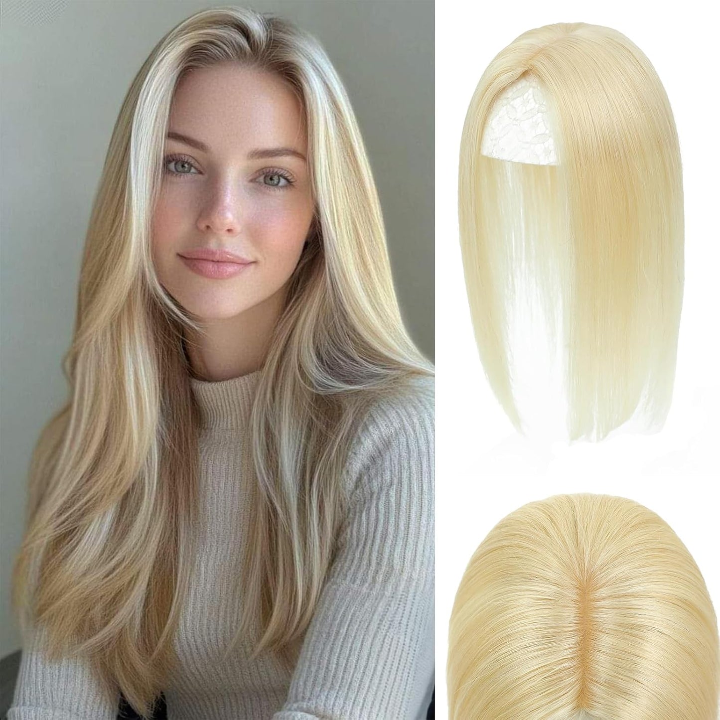 Hair Toppers for Women - Real Human Hair 360° 3D Hairpieces with Wispy Clip-In Bangs | Natural Scalp Line (Black)