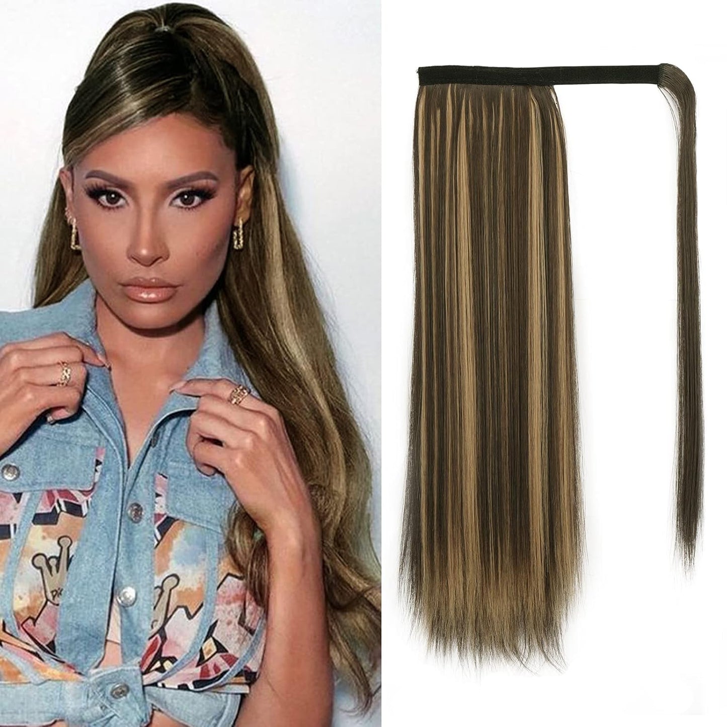 Dark Brown Straight Wrap Ponytail Extension - 24 Inch Clip-In Hairpiece for Black Women | Synthetic Hair