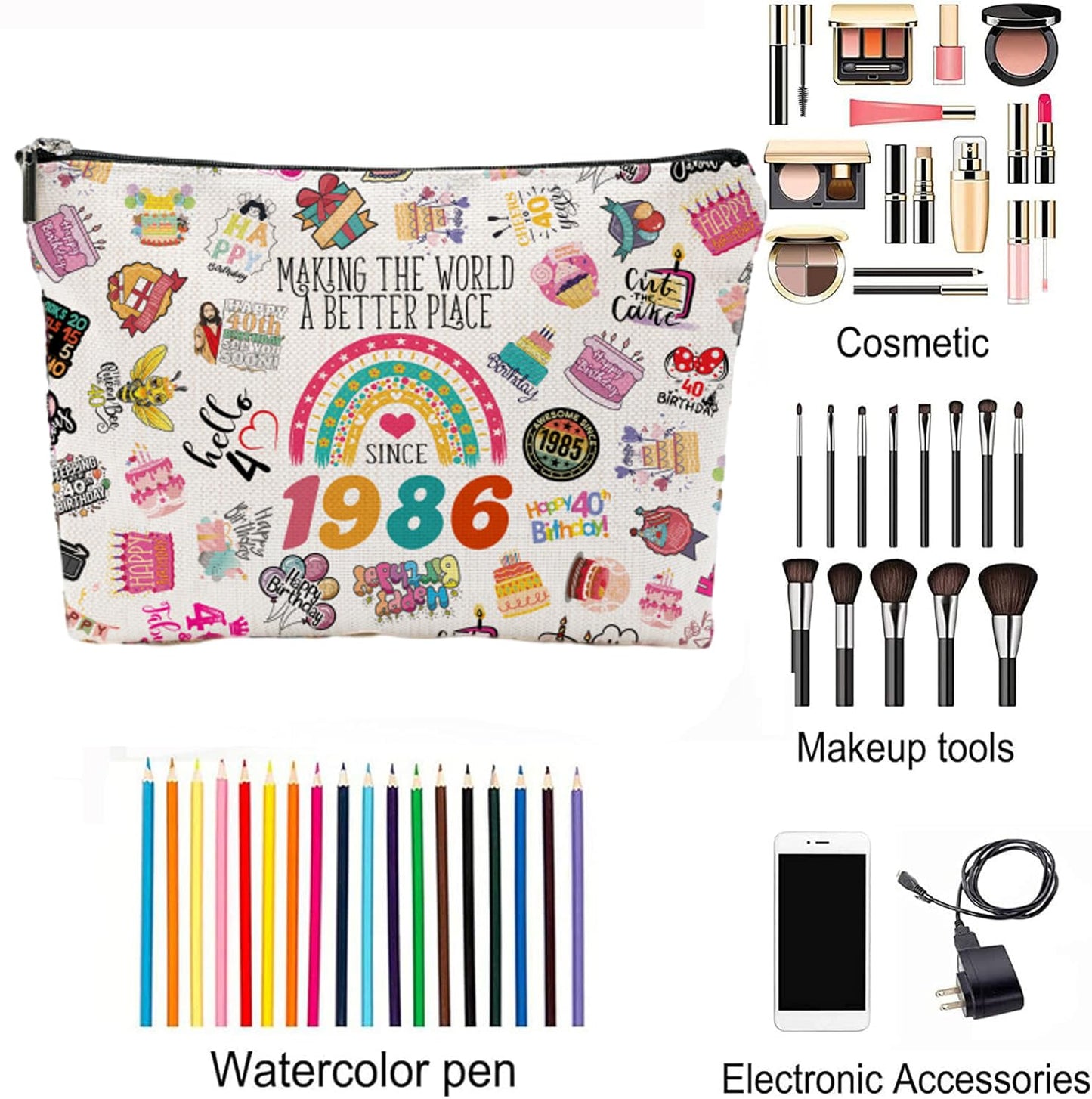 40th Birthday Gifts for Women Makeup Bag, Happy 40th Birthday Decorations for Women, 40 Year Old Gifts Ideas for Her, Mom, Wife, Sister, Mothers Day, Christmas, Cosmetic Travel Bag & Toiletry Pouch