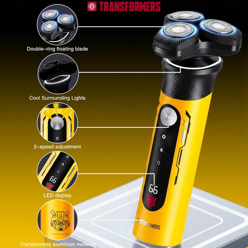 TRANSFORMERS Electric Razor for Men, 2-Speed Adjustable Shaver, IPX7 Waterproof, USB-C Fast Charging, LED Display, Smart Anti-Snag Beard Trimmer for Sensitive Skin, Mens Grooming Gift (Yellow)