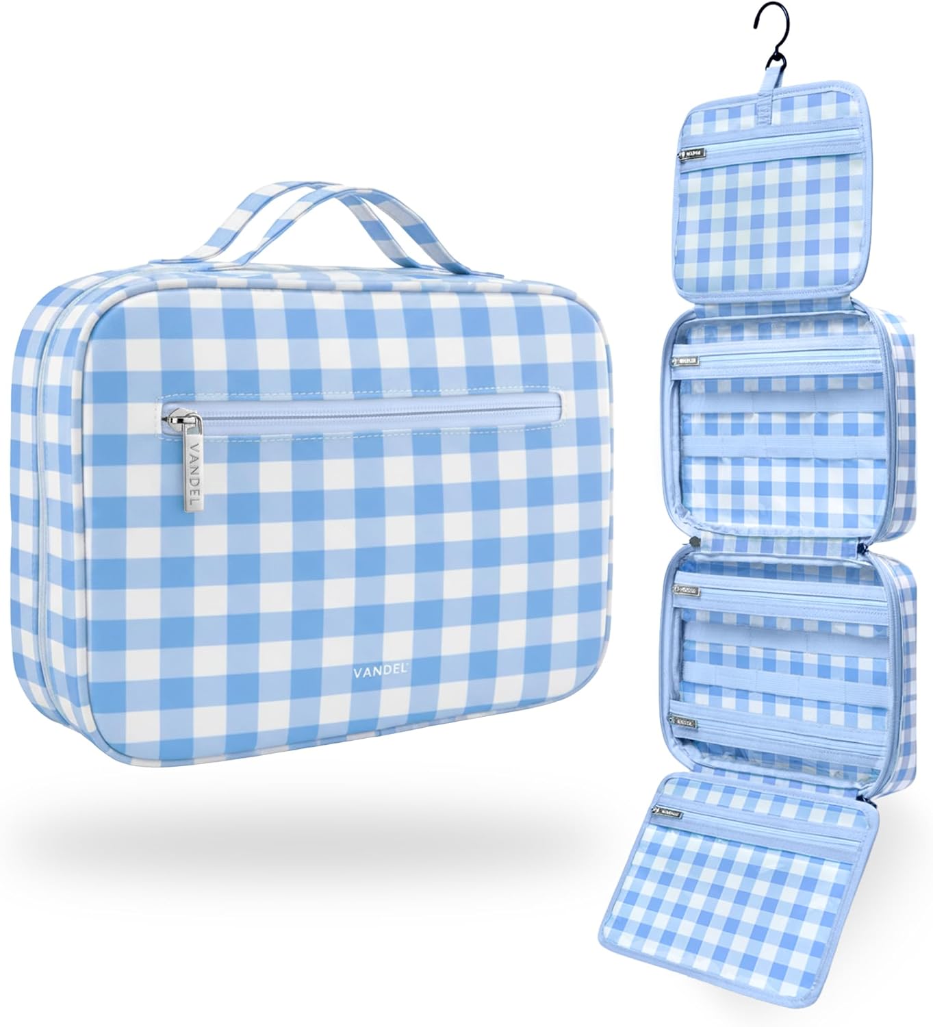 Waterproof Hanging Toiletry Bag - TSA-Approved Makeup Organizer | Blue Gingham Travel Cosmetic Case