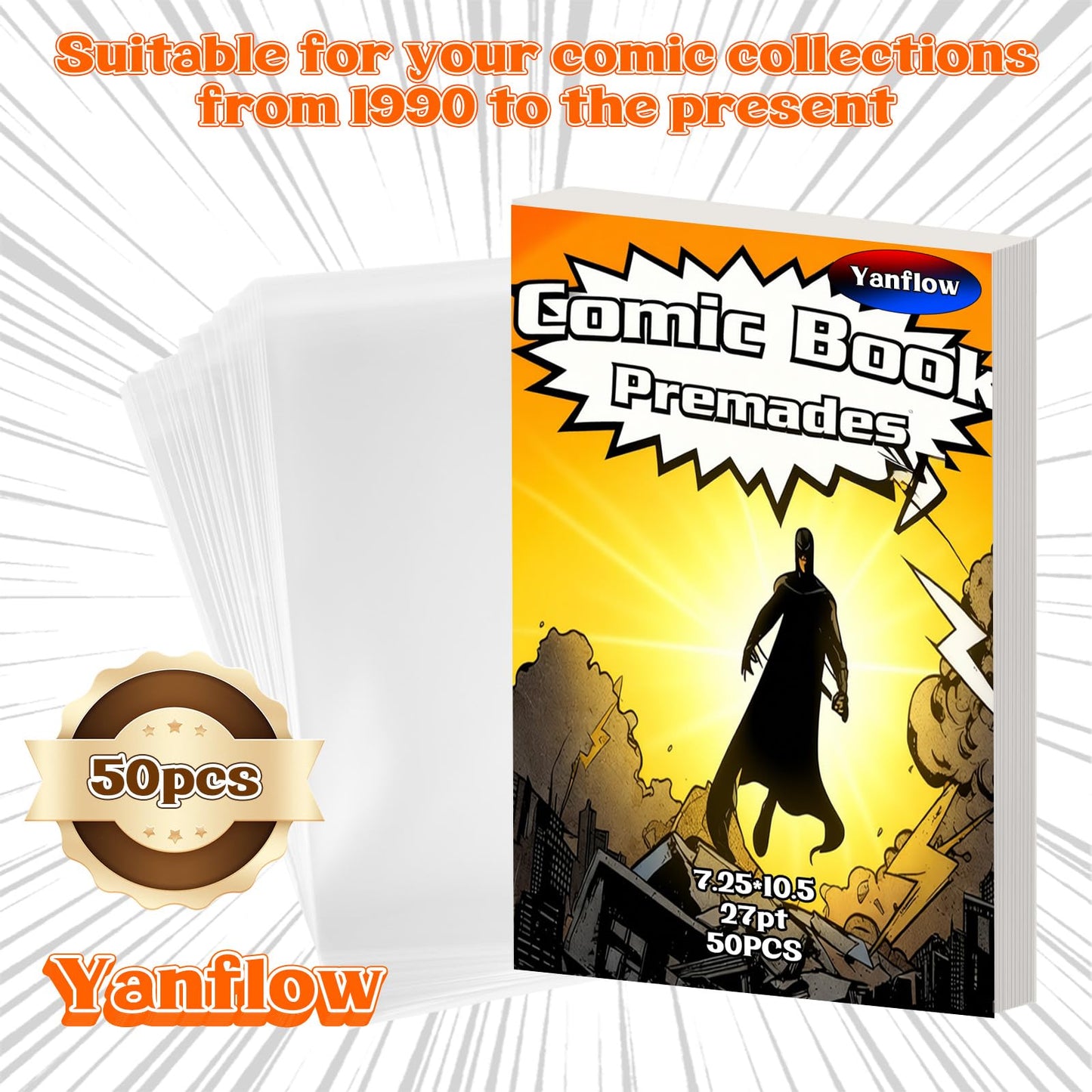 50 Pack Comic Book Bags and Boards Set 7.25x10.5 Inch Self-Sealing Bags with Archival Boards for Long-Term Storage & Protection