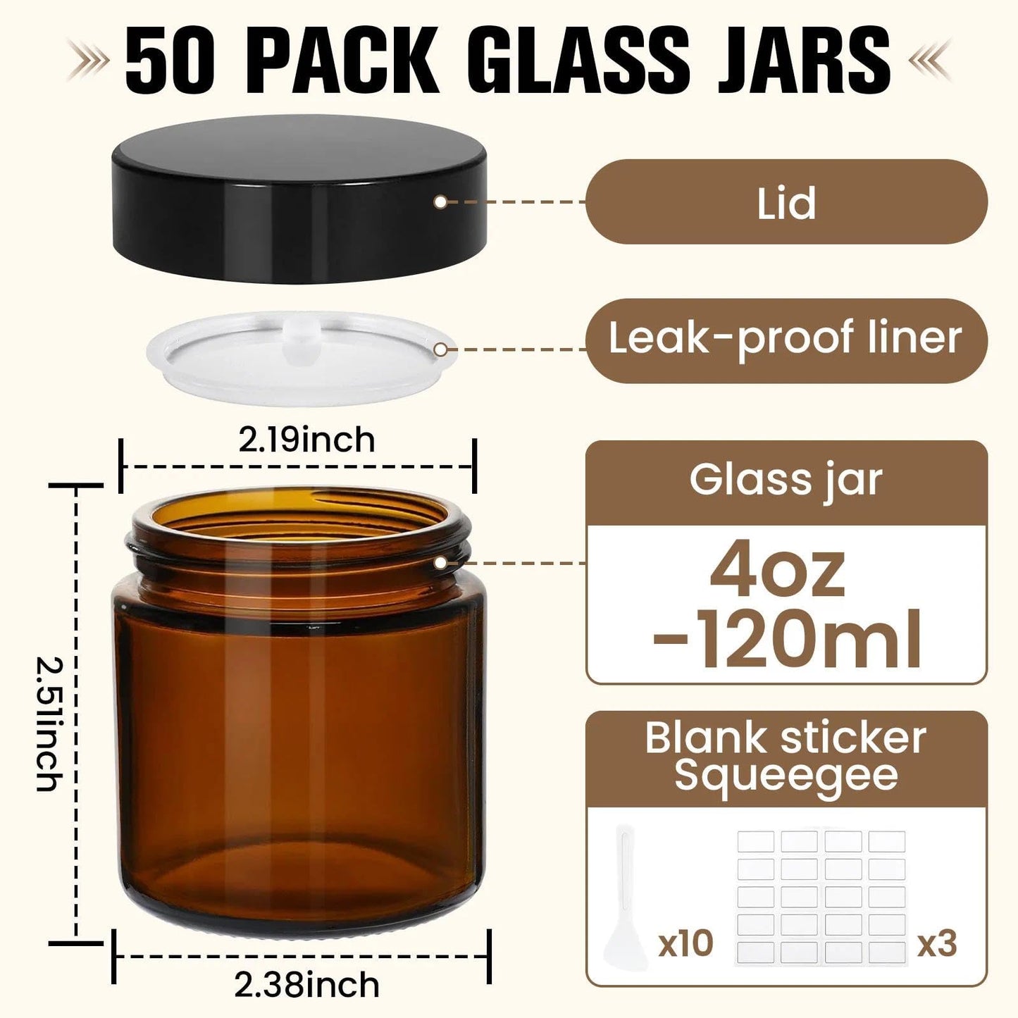 50 Pcs 4 oz Glass Jars with Lids, Amber Glass Jars with 60 Labels & 10 Spatulas, Inner Liners, LeakProof, UV-Protective,Round Glass Containers for Essential Oils, Spices, Candle Making,DIY