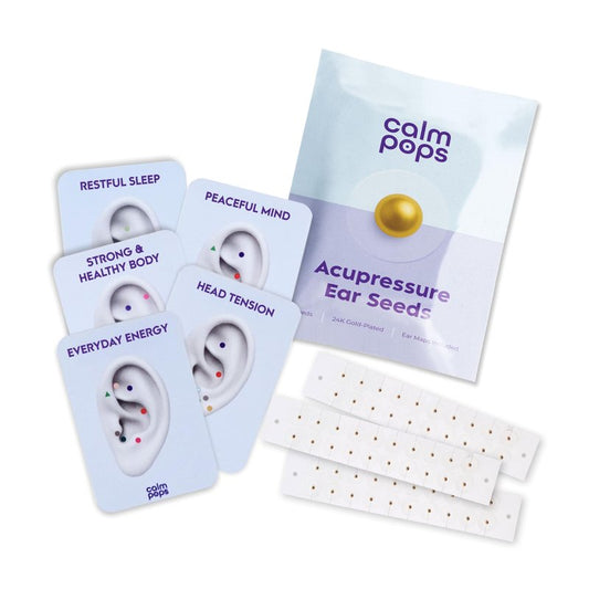 CalmPops Acupressure Ear Seeds | Ear Seeding Kit Acupuncture Ear Seeds Stickers for Immune System & Digestive Health Support + Auricular Acupuncture Chart (60 Units, 24K Gold Plated)