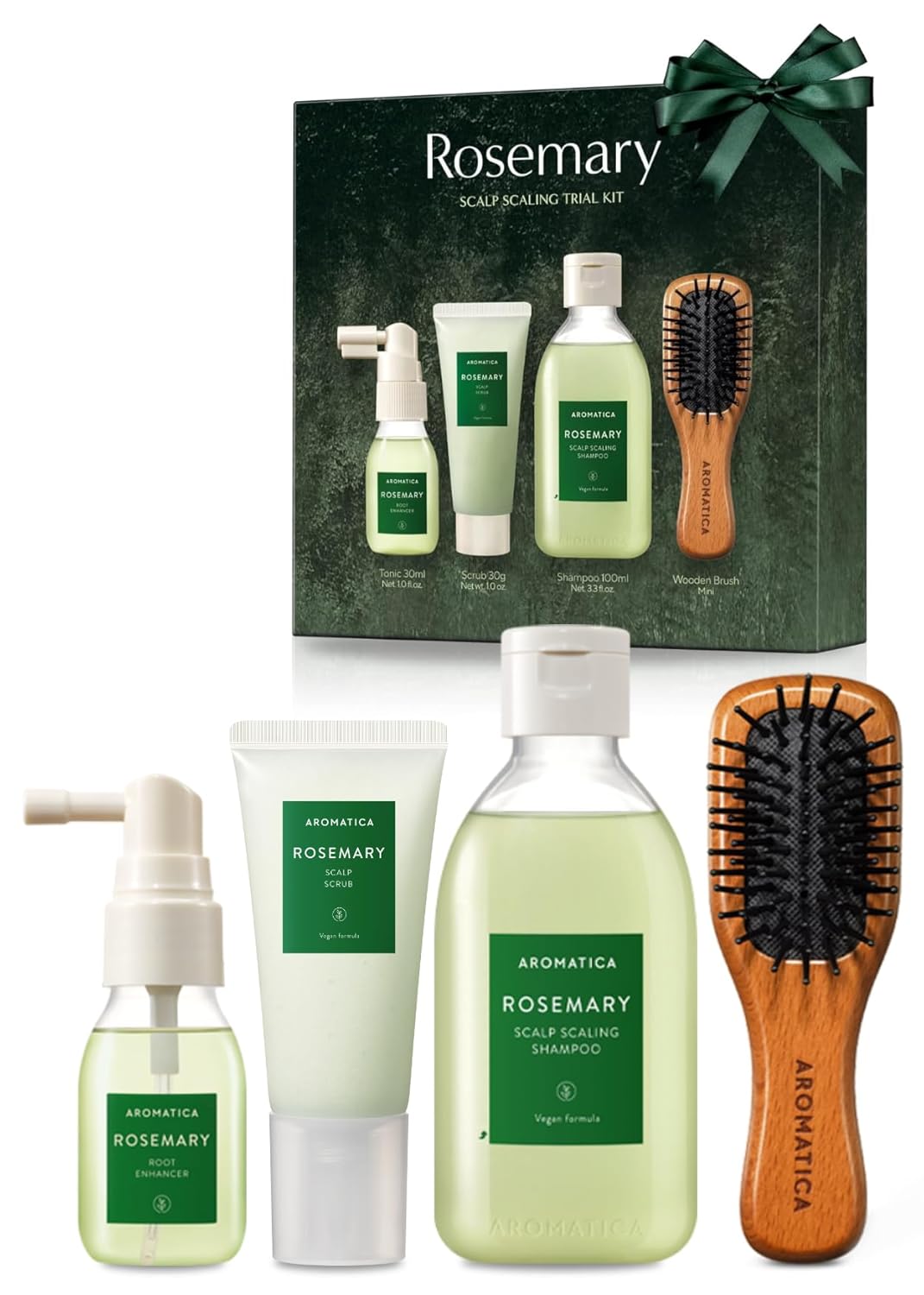 Aromatica Rosemary Scalp Scaling Trial Kit | Travel Size Korean Hair Care with Mini Brush & Vegan Formula for Hair Growth