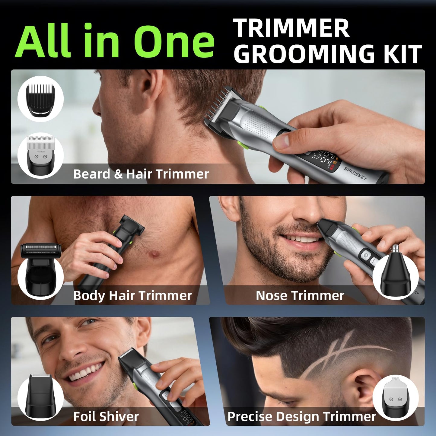 Beard Trimmer for Men, All in One Mens Grooming Kit, Stainless Steel Blade Cordless Hair Clippers, 150-Min Long Runtime, IPX7 Waterproof, 3 Speeds Adjustable Body Hair Trimmer for Nose, Ear, Face