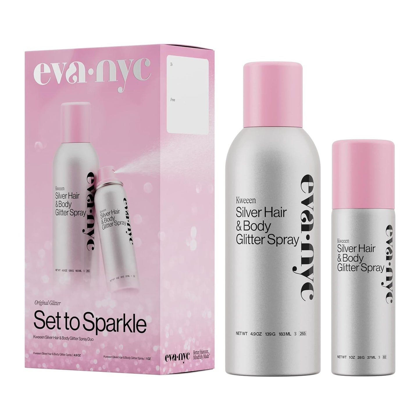 Eva NYC Kweeen Silver Hair & Body Glitter Spray Set - Ultra Shimmery, Non-Sticky, Quick Drying | Warm Vanilla Scent, Full & Travel Size