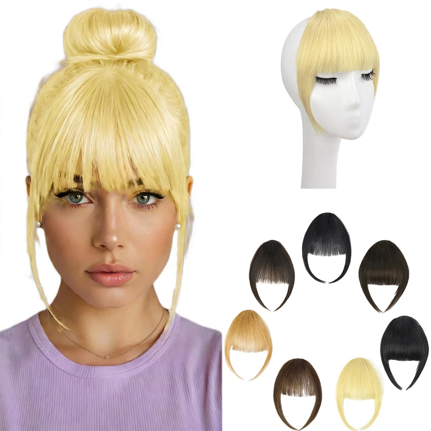 Clip In Bangs - 100% Real Human Hair Wispy Black Bangs | Curved Hairpieces for Everyday Style