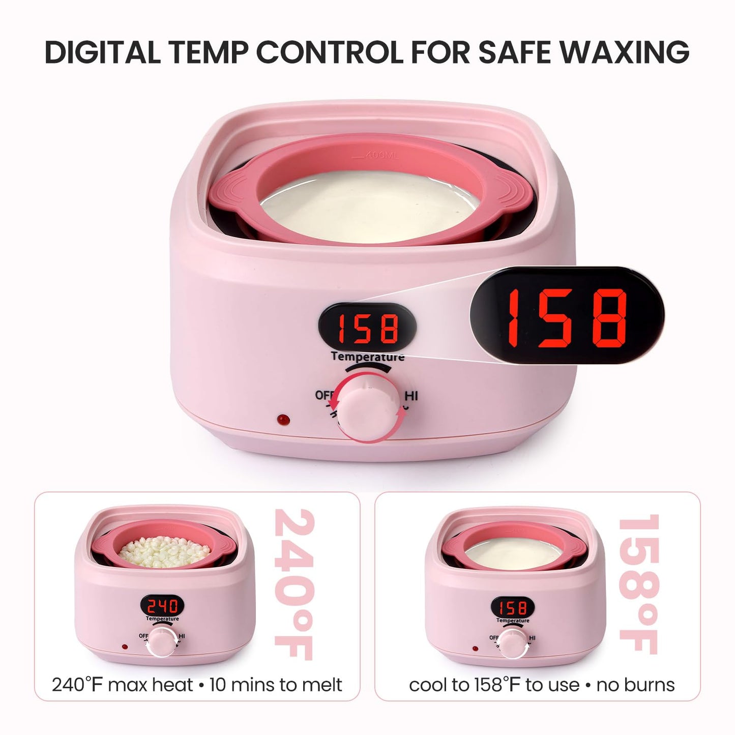 AUZEAL Digital Waxing Warmer For Women, 500ml At Home Waxing Kit With Salon Results, Wax Warmer for Hair Removal for Body, Bikini, Leg, Sensitive Skin, Precise Temp Control, Fast Heating, Pink