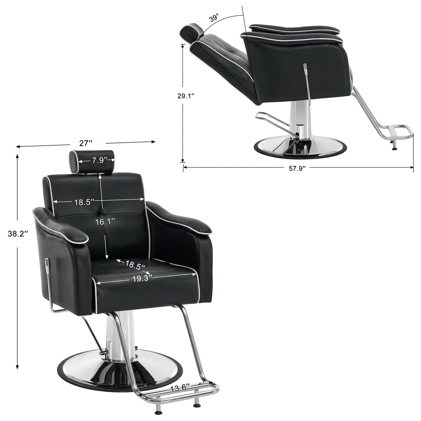 BarberPub Reclining Barber Chair with 440 Lbs Heavy Duty Hydraulic Pump, All Purpose Hair Styling Swivel for Home, Shampoo Salon Spa and Barbershop 9182 (Black)