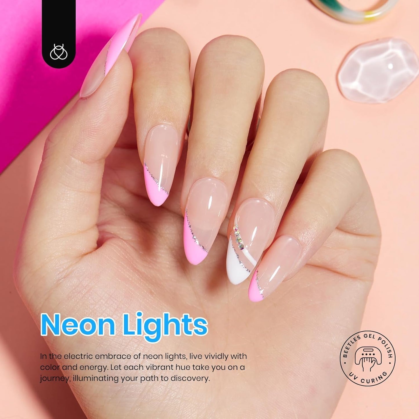 Beetles Neon Gel Nail Polish - Neon Lights, Bright Rainbow Collection, 6 Colors Hot Pink Blue Yellow Green Summer Gel Nail Polish Set, Soak Off UV LED Summer Nails Art, Manicure Salon DIY Home