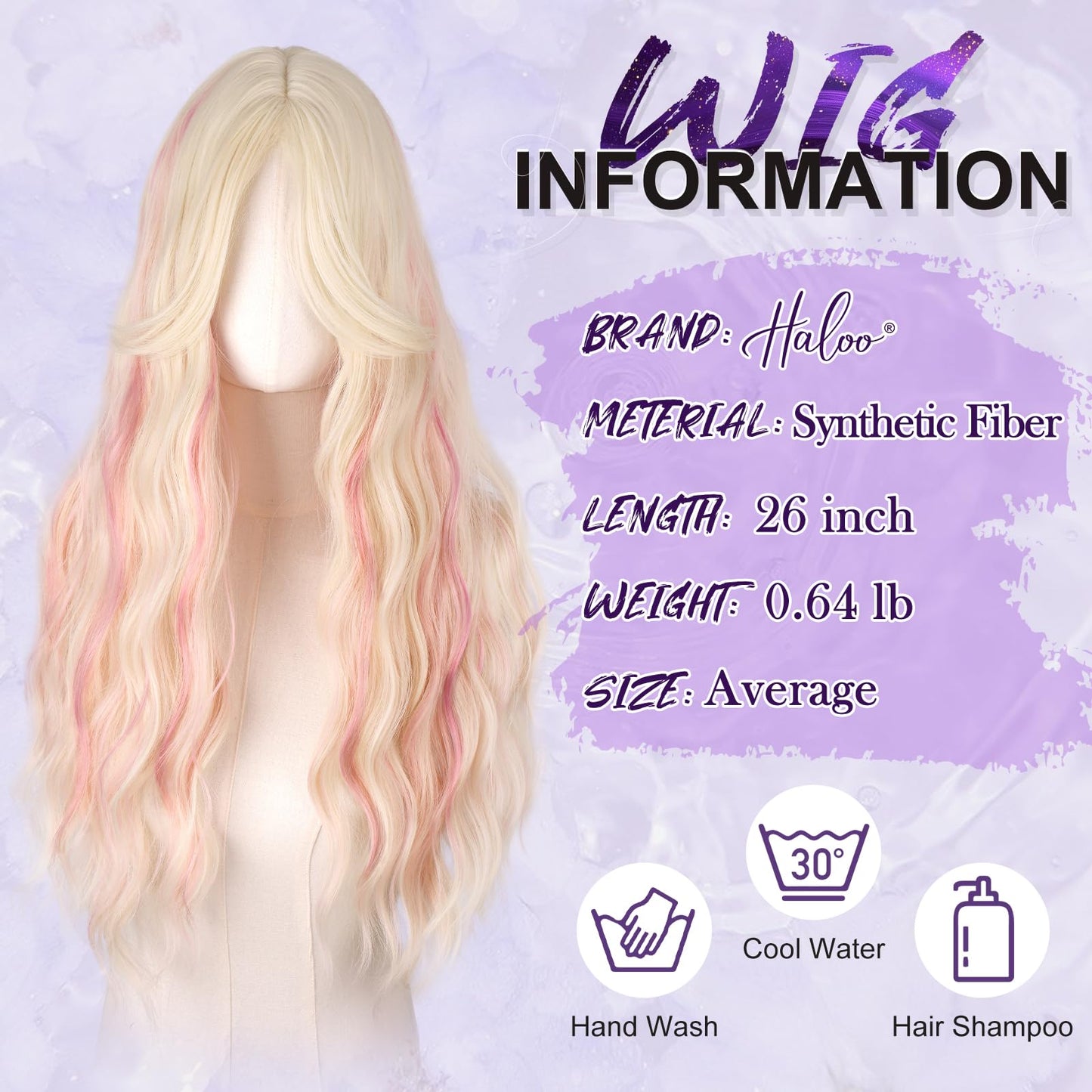 Haloo Blonde Wigs with Curtain Bangs for Women - Long Wavy Middle Part Natural Looking Synthetic Hair Wig for Daily Party Cosplay Costume, 26 Inch Blonde Mixed Pink