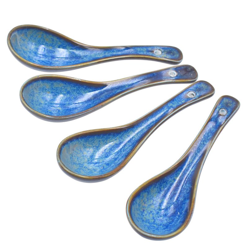 Pinkind 4 Pieces Soup Spoon Set, Asian Soup Spoon, Long Handle Ceramic Soup Spoons, Retro Blue Ramen Bowl Soup Spoon Suitable for Soup, Dumplings, Cake, Gravy, Oatmeal