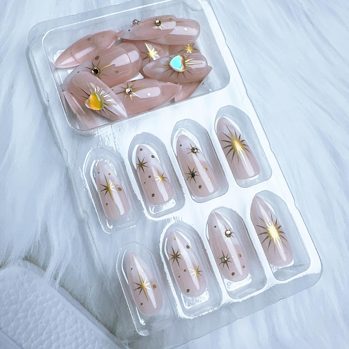 Almond Press-On Nails - 24Pcs Medium Length Gold Star Designs | Full Cover Nude Gradient Acrylic with Rhinestones